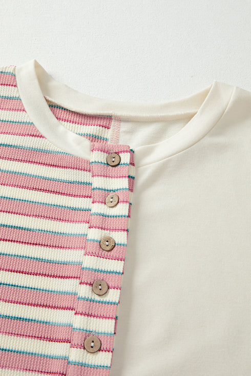 Colorblock Striped Patchwork Henley Pullover Top Exposed-Seam Drop-Shoulder